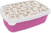 Broodtrommel Roze - Lunchbox - Brooddoos - Kat - Patroon - Dieren - 18x12x6 cm - Kinderen - Meisje