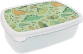 Broodtrommel Wit - Lunchbox - Brooddoos - Patronen - Dino - Groen - Jongetje - Kind - Kinderen - Kids - 18x12x6 cm - Volwassenen
