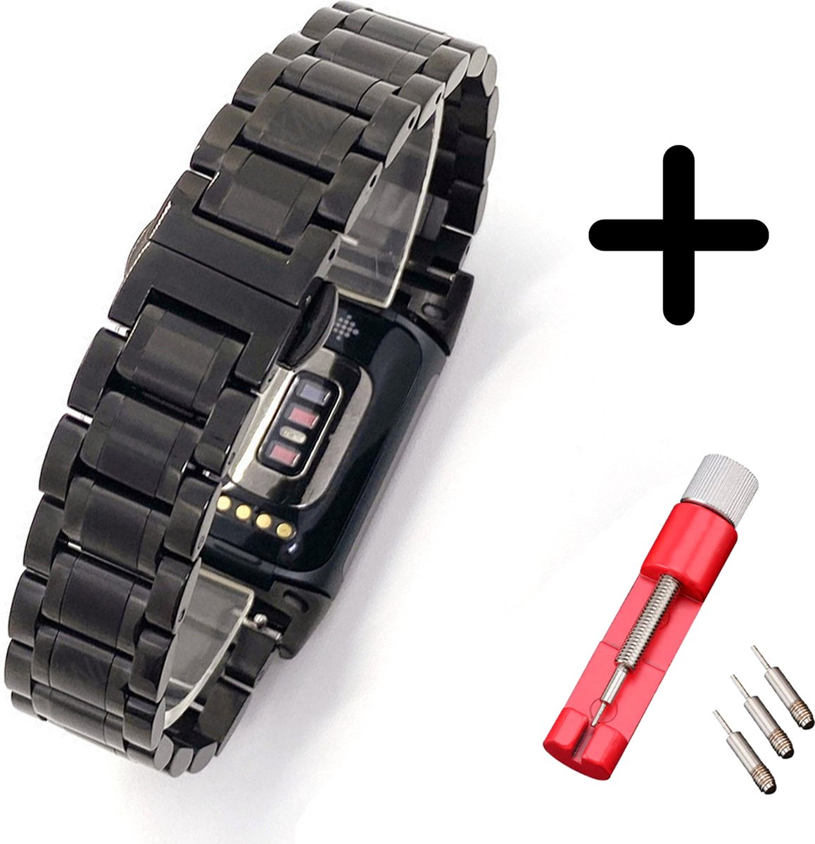 Geschikt voor Fitbit Charge 5 / Fitbit Charge 6 bandje metaal zwart schakels + toolkit