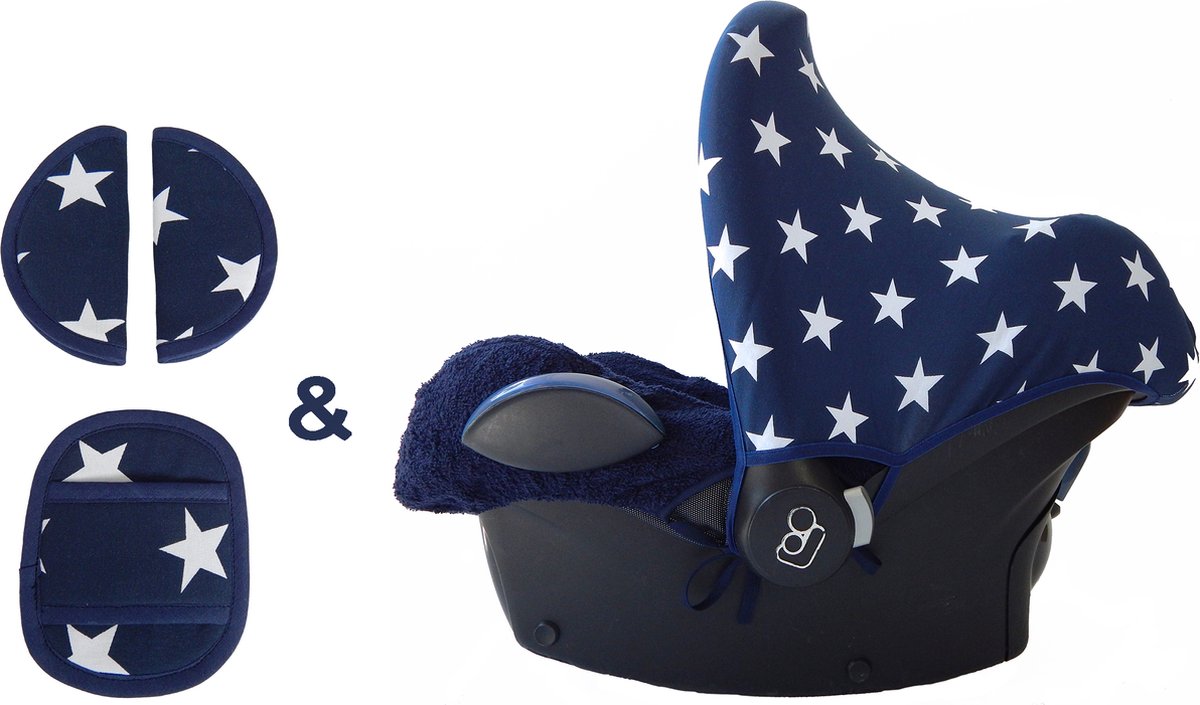 Wallabiezzz Zonnekap en Gordelhoes Baby - Geschikt voor de Maxi Cosi Autostoel - Kraam cadeau - Voordeelverpakking - Donkerblauw Sterren