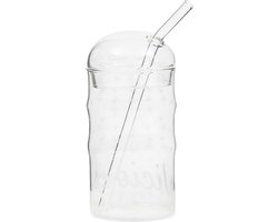Riviera Maison Beker met Rietje en Deksel - Summerlicious To Go Glass & Straw - Transparant