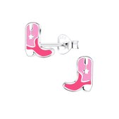 Joy|S - Zilveren cowboy laarzen oorbellen - 7 x 8 mm - boots - roze