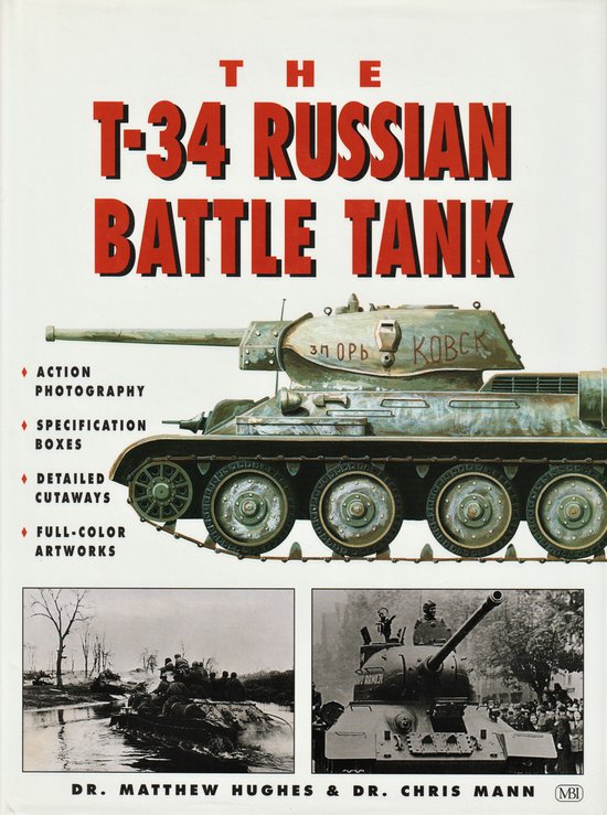 Titelblad met een illustratie van een gedetailleerde T-34 tank, met gevechtsfoto's.