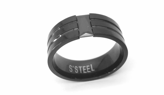 Chique - Zwarte - Stalen Ring - maat 22 - met - Zwart Crystal – klassieke voor zowel - dame - heer.