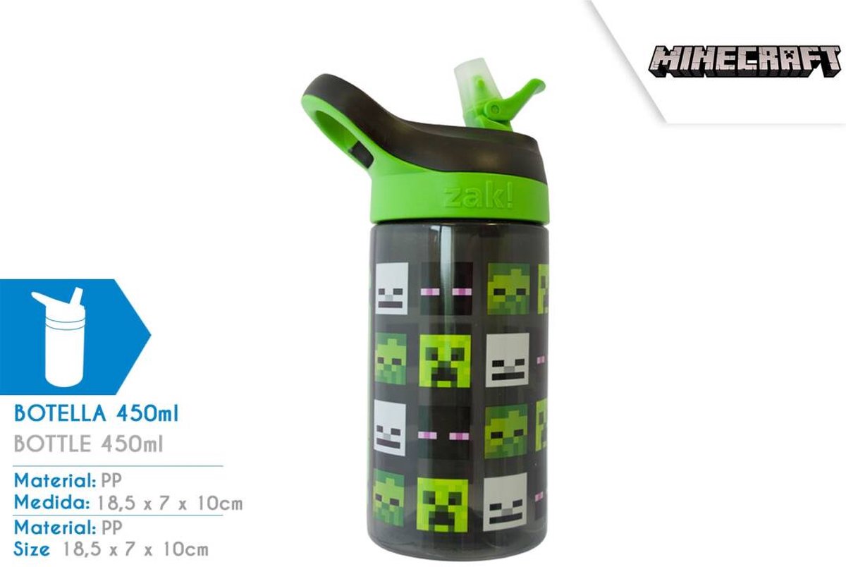 Minecraft Drink fles - Zwart / Groen - 450 ml - 18,5 x 10 CM - Drinkfles - Lunchfles