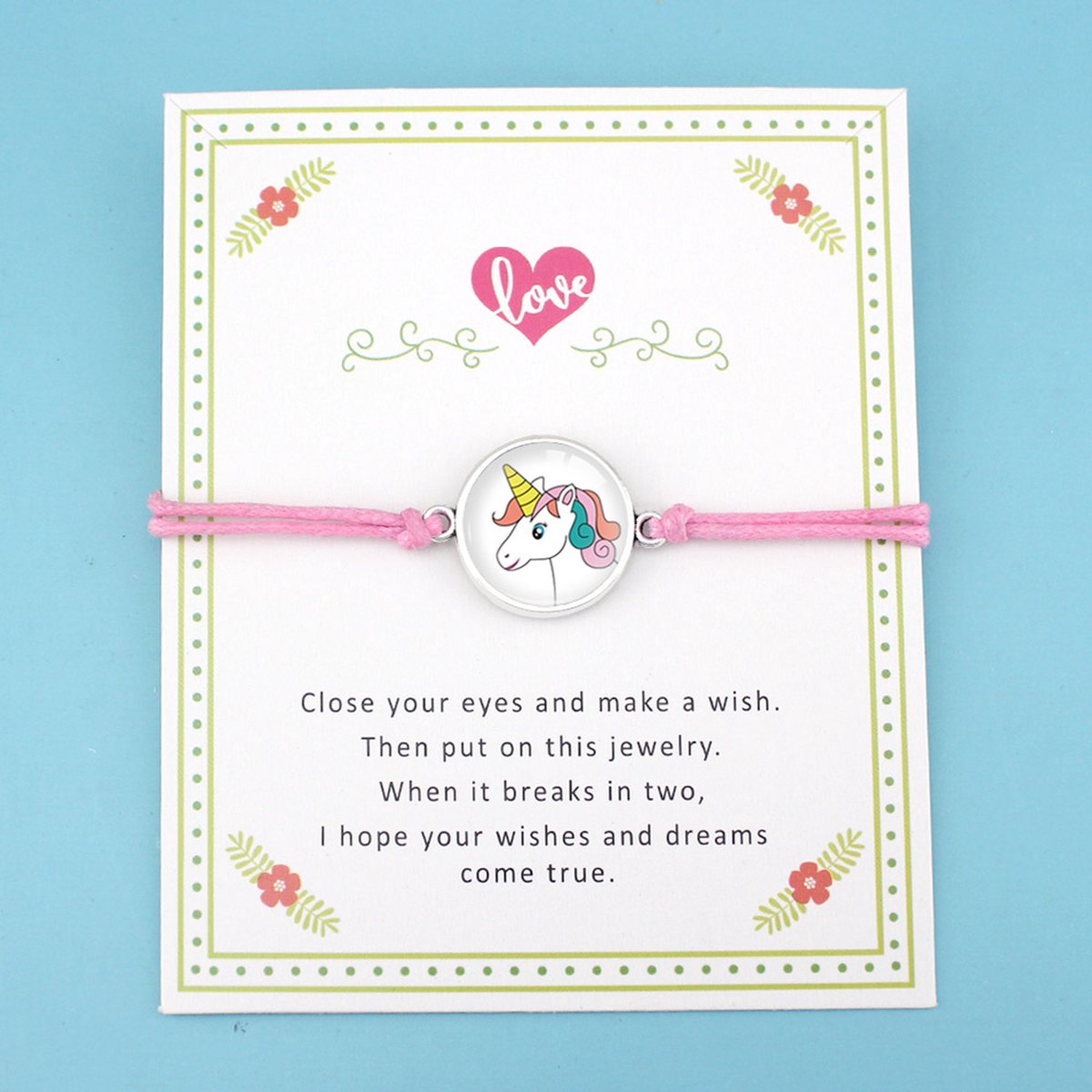 Manks Kids Collections ® Roze Armband, Love armband - vriendinnen armband - cadeau voor een vriendin - Zilverig armband met een Witte Eenhoorn - Armband 30 cm
