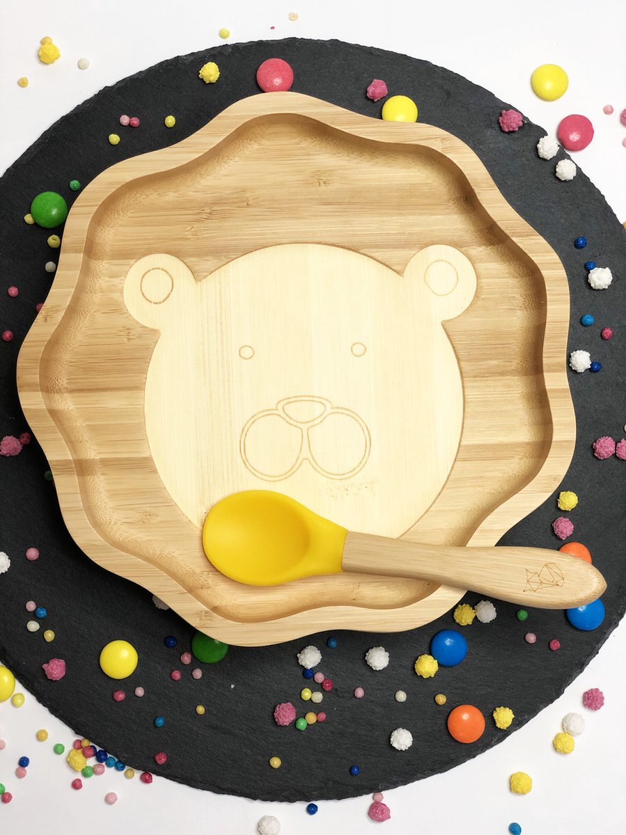 Kleiner Fuchs Assiette Bébé Bambou Avec Ventouse + Cuillère – Vaisselle Anti-Dérapante Motif Renard – Set Cadeau