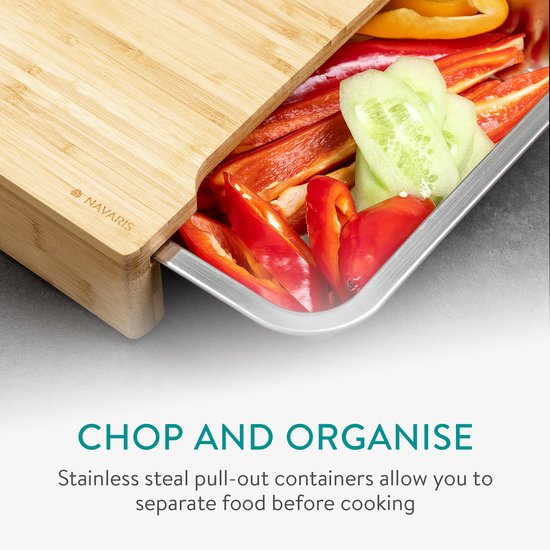 Navaris snijplank met bakjes aan de zijkant - Bamboe snijplank met 2 roestvrijstalen schuiflades - 41 x 29,5 x 6,5 cm - Afbeelding 7