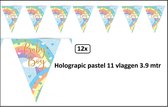 12x Vlaggenlijn pastel baby boy regenboog Holograpic - Vlaglijn geboorte thema feest party