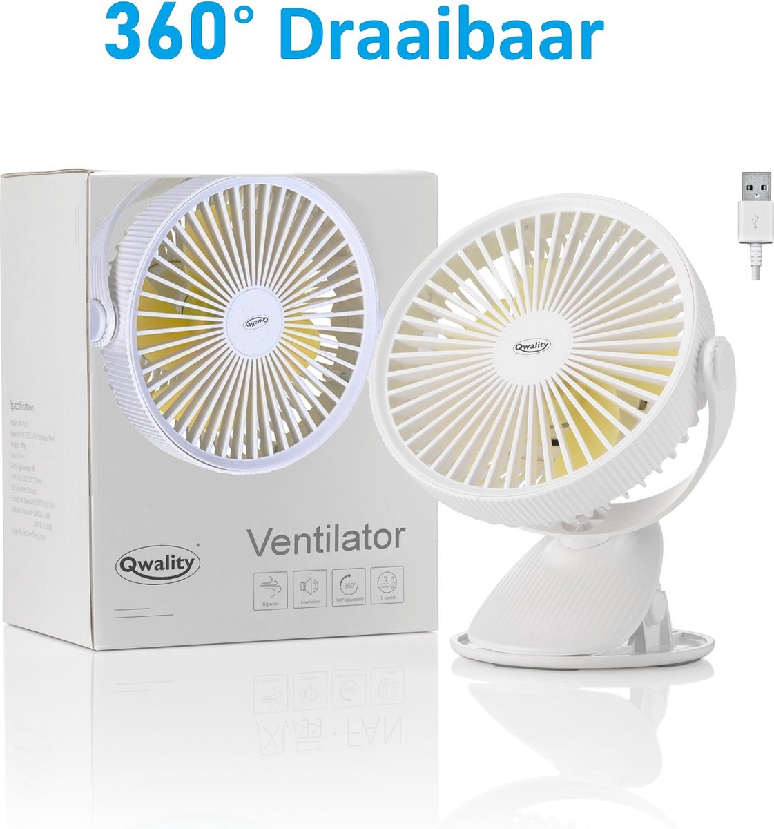 Ventilator met Clip - USB - 360° Draaibaar - Tafelventilator - Eenvoudige bevestiging - 2600 mAh Accu Batterij - Extra Stil - Qwality