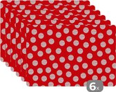 Placemat - Placemats kunststof - Stippen - Polka dot - Patronen - Rood - Wit - 45x30 cm - 6 stuks - Hittebestendig - Anti-Slip - Onderlegger - Afneembaar