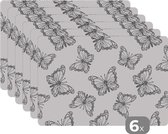 Placemat - Placemats kunststof - Vlinders - Patronen - Zwart Wit - 45x30 cm - 6 stuks - Hittebestendig - Anti-Slip - Onderlegger - Afneembaar