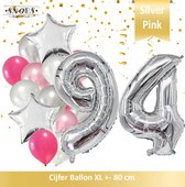 Cijfer Ballon 94 Jaar Zilver Roze White Pearl Boeket * Hoera 94 Jaar Verjaardag Decoratie Set van 15 Ballonnen * 80 cm Verjaardag Nummer Ballon * Snoes * Verjaardag Versiering * Ve