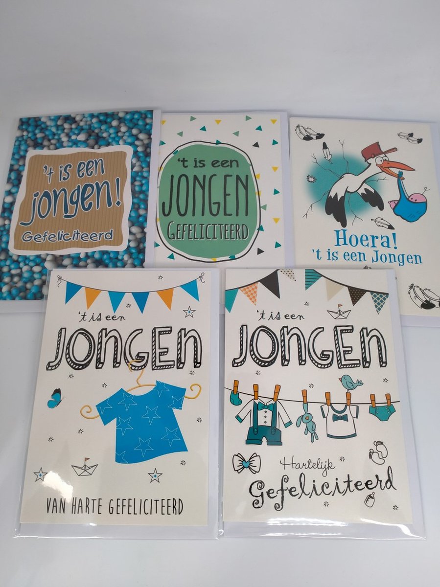 5 Luxe Geboorte Wenskaarten - Zoon - 17x12cm - gevouwen kaart met envelop