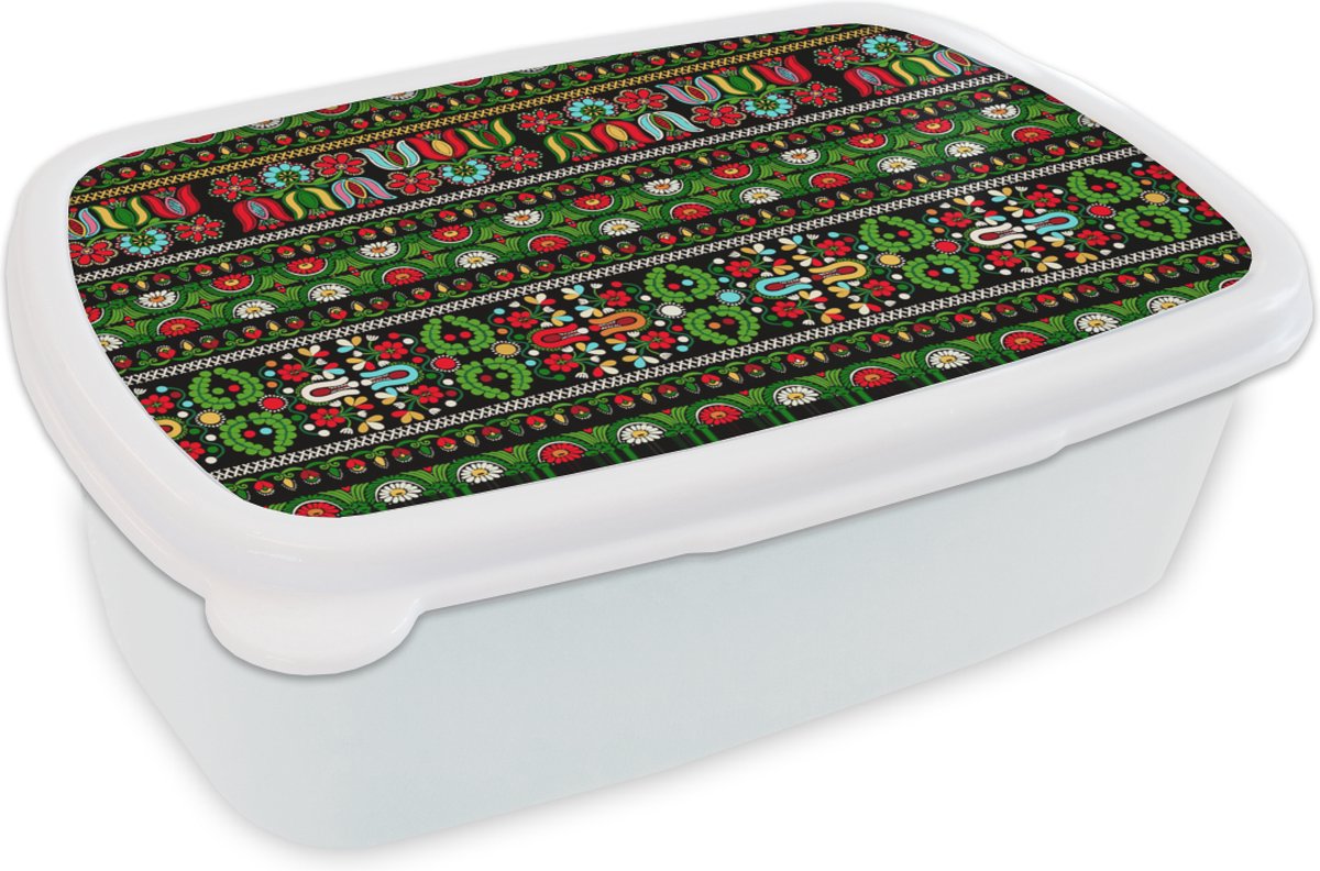 Broodtrommel Wit - Lunchbox - Brooddoos - Patronen - Hongaars - Folklore - 18x12x6 cm - Volwassenen
