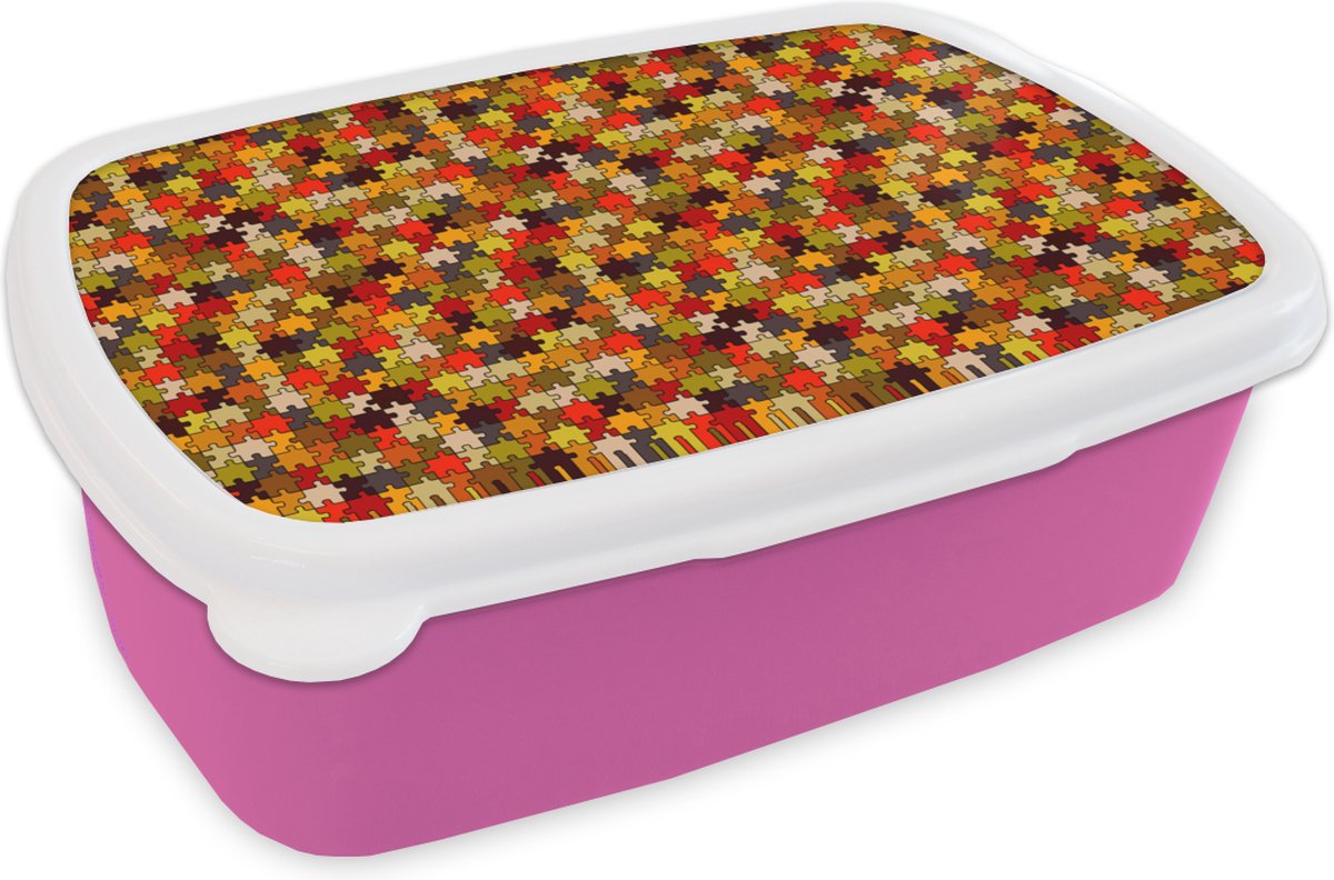 Broodtrommel Roze - Lunchbox - Brooddoos - Puzzel - Patronen - Herfst - 18x12x6 cm - Kinderen - Meisje
