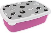 Broodtrommel Roze - Lunchbox - Brooddoos - Donut - Patronen - Koffie - Zwart Wit - 18x12x6 cm - Kinderen - Meisje
