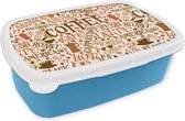 Broodtrommel Blauw - Lunchbox - Brooddoos - Koffie - Vintage - Patroon - 18x12x6 cm - Kinderen - Jongen