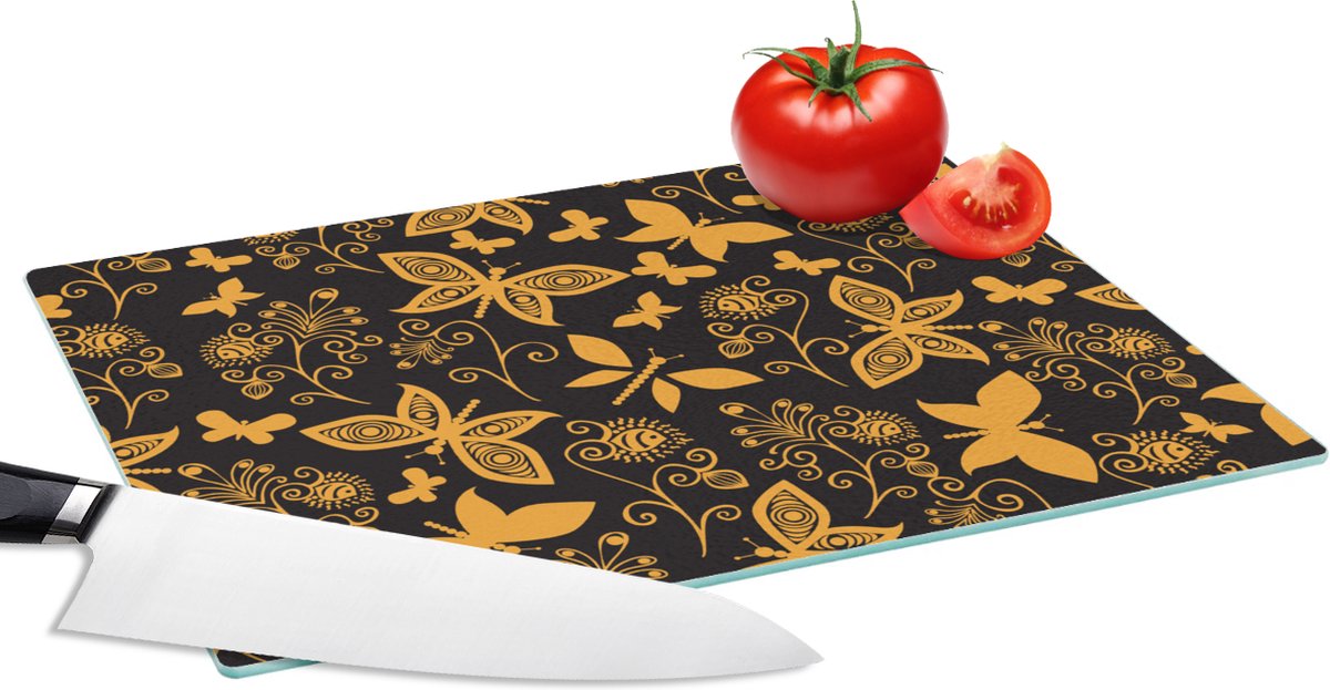 Glazen Snijplank - 28x20 - Bloemen - Vlinder - Goud - Patroon - Snijplanken Glas