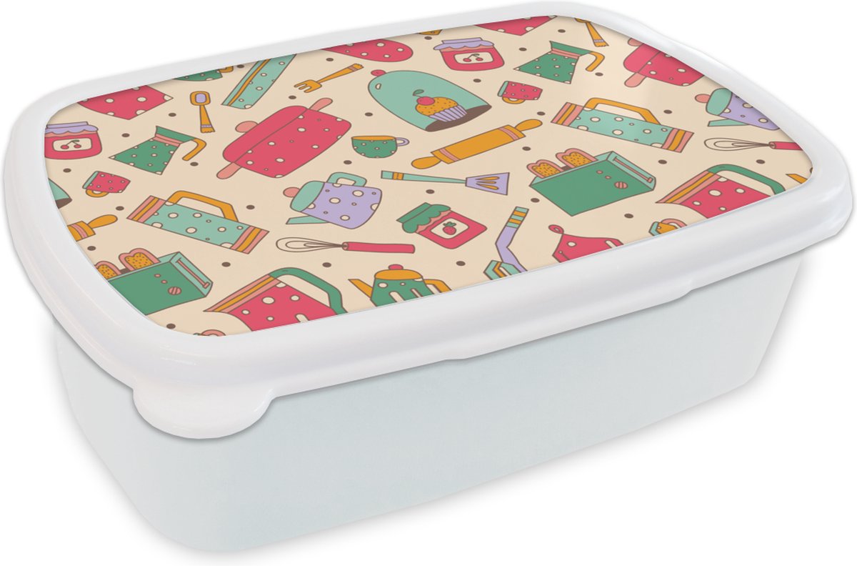 Broodtrommel Wit - Lunchbox - Brooddoos - Keuken - Thee - Patronen - 18x12x6 cm - Volwassenen