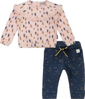Noppies - Dirkje - kledingset - 2delig -broek Caries navy met printjes - shirt roze met kant en print - Maat 62