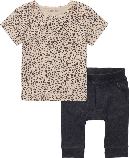Noppies - kledingset - 2delig - broek Seaton Charcoal - shirt Stanley Sand met panterprint - Maat 62