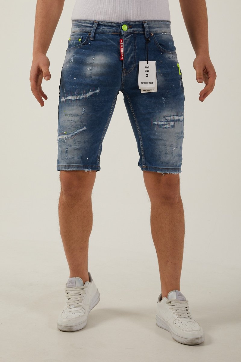 212 By Xway Jeans K-515 | Ripped met Paint Splatter Heren Slim Fit Jeans Shorts | Korte Spijkerbroek | Slim Fit | Premium Street Fashion | Blauw