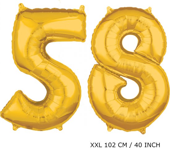Mega grote XXL gouden folie ballon cijfer 58 jaar.  leeftijd verjaardag 58 jaar. 102 cm 40 inch. Met rietje om ballonnen mee op te blazen.