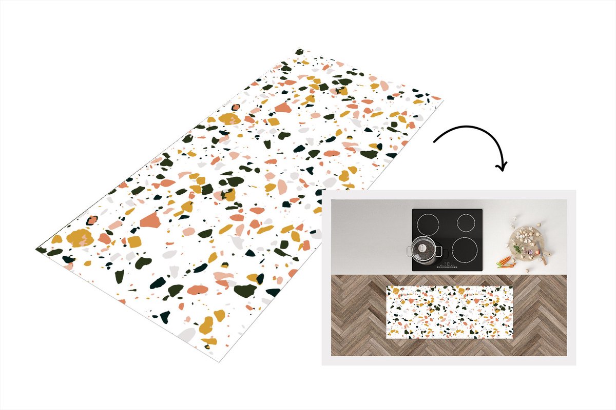 KitchenYeah Keukenloper - Loper keuken - Oranje - Zwart - Terrazzo - Patronen - 120x50 cm - Keukenloper vinyl Multicolor
