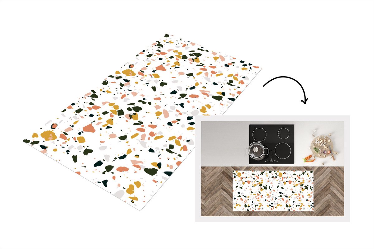 KitchenYeah Keukenloper - Loper keuken - Grijs - Oranje - Terrazzo - Patronen - 120x60 cm - Keukenloper vinyl Multicolor