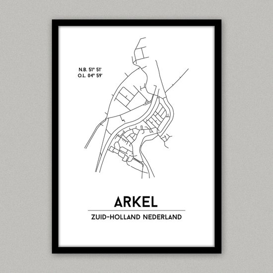 Arkel city poster, A3 (30x40 cm) met lijst, plattegrond poster, woonplaatsposter, woonposter