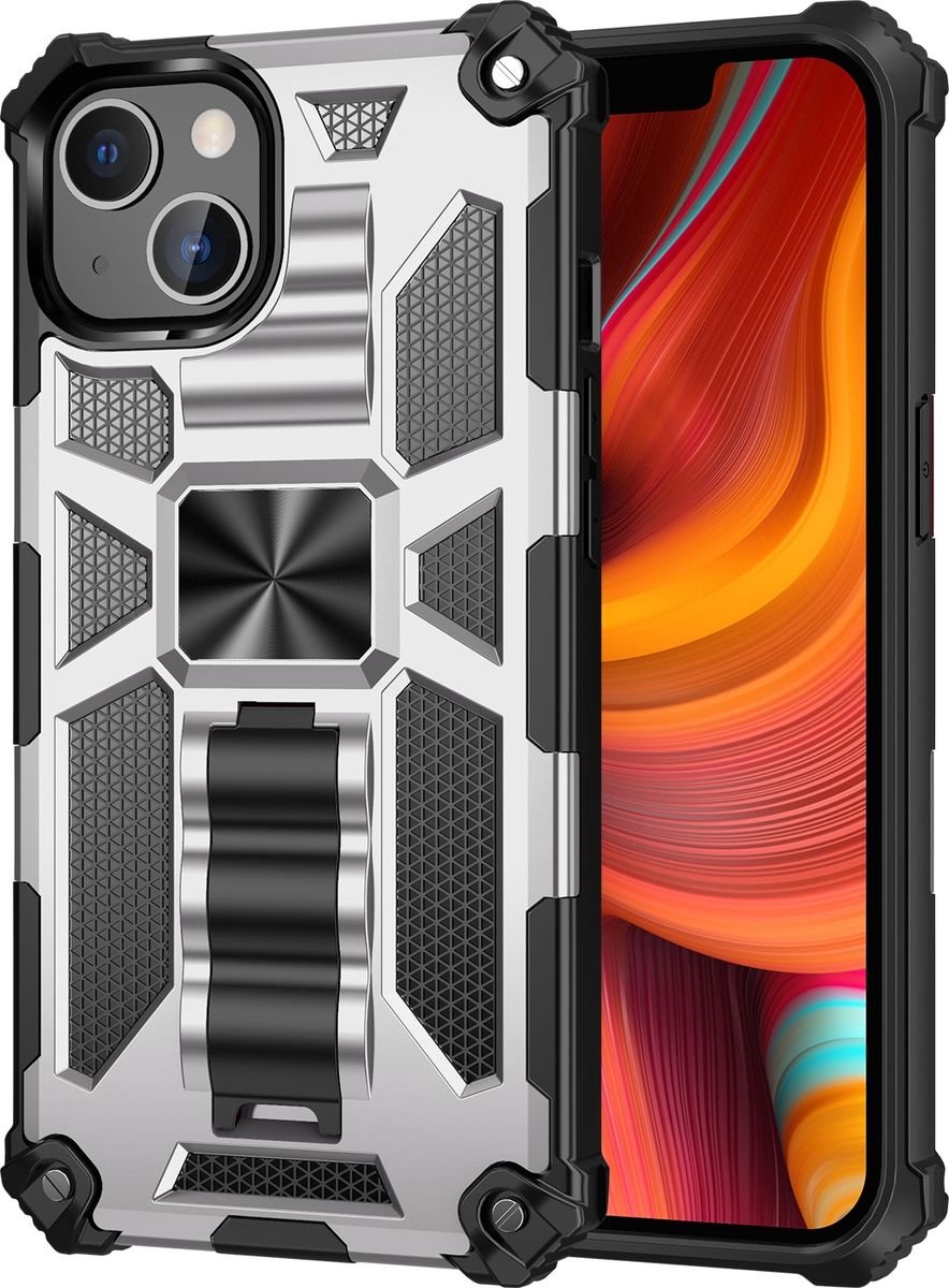 Mobigear Hoesje geschikt voor Apple iPhone 13 Pro Telefoonhoesje Hardcase | Mobigear Armor Stand Backcover Shockproof met Standaard | Schokbestendig iPhone 13 Pro Telefoonhoesje | Anti Shock Proof - Zilver