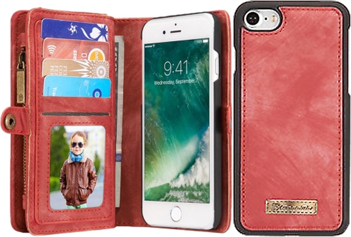 Caseme Telefoonhoesje geschikt voor Apple iPhone 8 Hoesje | Caseme 008 Uitneembare 2in1 Bookcase Portemonnee | Pasjeshouder voor 8 Pasjes | Telefoonhoesje voor Pinpas / OV Kaart / Rijbewijs - Rood