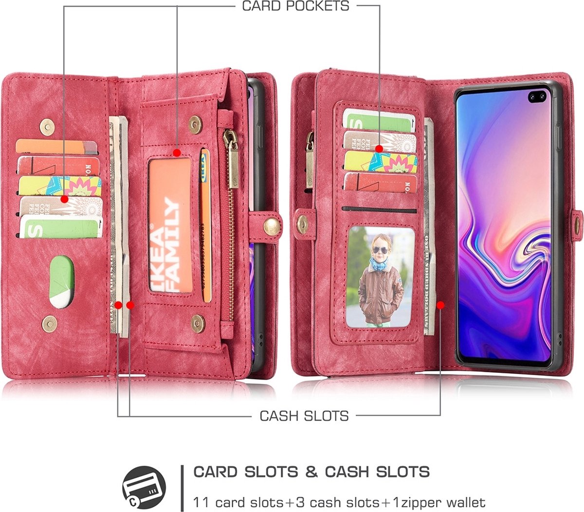 Caseme Telefoonhoesje geschikt voor Samsung Galaxy S10 Hoesje | Caseme 008 Uitneembare 2in1 Bookcase Portemonnee | Pasjeshouder voor 8 Pasjes | Telefoonhoesje voor Pinpas / OV Kaart / Rijbewijs - Rood