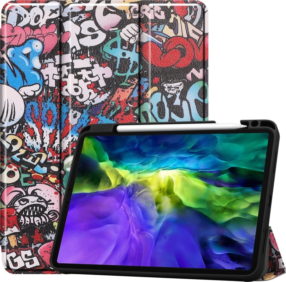 Mobigear Tablethoes geschikt voor Apple iPad Pro 11 Inch (2020) Hoes | Mobigear Tri-Fold Gel Bookcase + Stylus Houder - Graffiti
