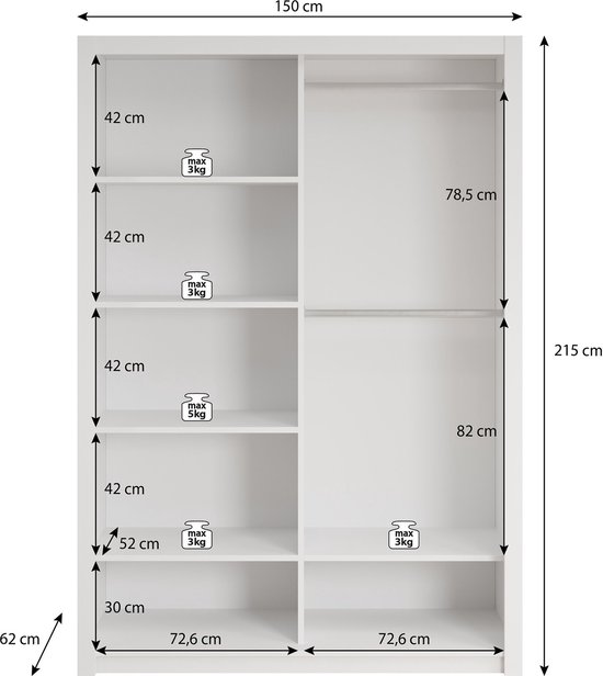 Afmetingen van een matzwarte kledingkast met vakken en een roede.