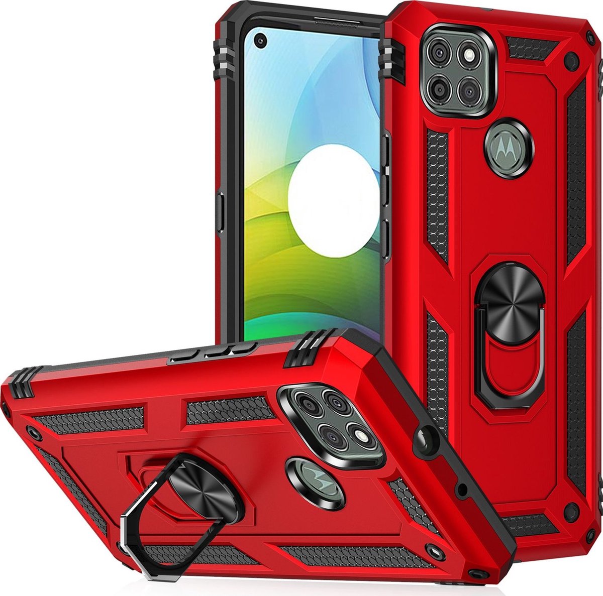 Mobigear Hoesje geschikt voor Motorola Moto G9 Power Telefoonhoesje Hardcase | Mobigear Armor Ring Backcover Shockproof met Ringhouder | Schokbestendig Moto G9 Power Telefoonhoesje | Anti Shock Proof - Rood