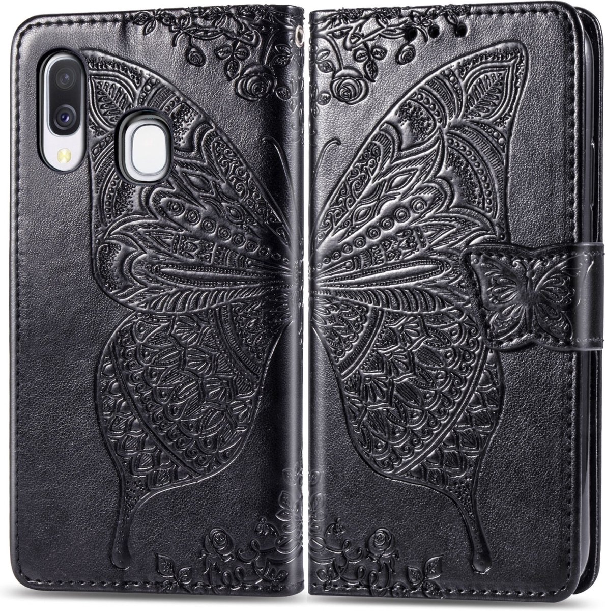 Mobigear Telefoonhoesje geschikt voor Samsung Galaxy A40 Hoesje | Mobigear Butterfly Bookcase Portemonnee | Pasjeshouder voor 3 Pasjes | Telefoonhoesje voor Pinpas / OV Kaart / Rijbewijs - Zwart
