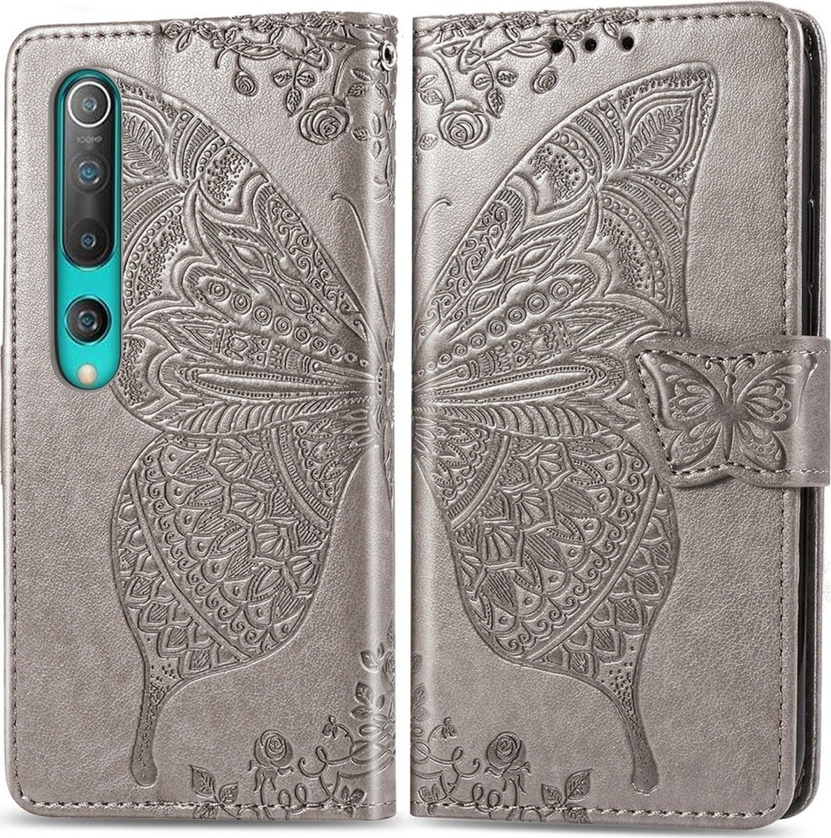 Mobigear Telefoonhoesje geschikt voor Xiaomi Mi 10 Pro Hoesje | Mobigear Butterfly Bookcase Portemonnee | Pasjeshouder voor 3 Pasjes | Telefoonhoesje voor Pinpas / OV Kaart / Rijbewijs - Grijs
