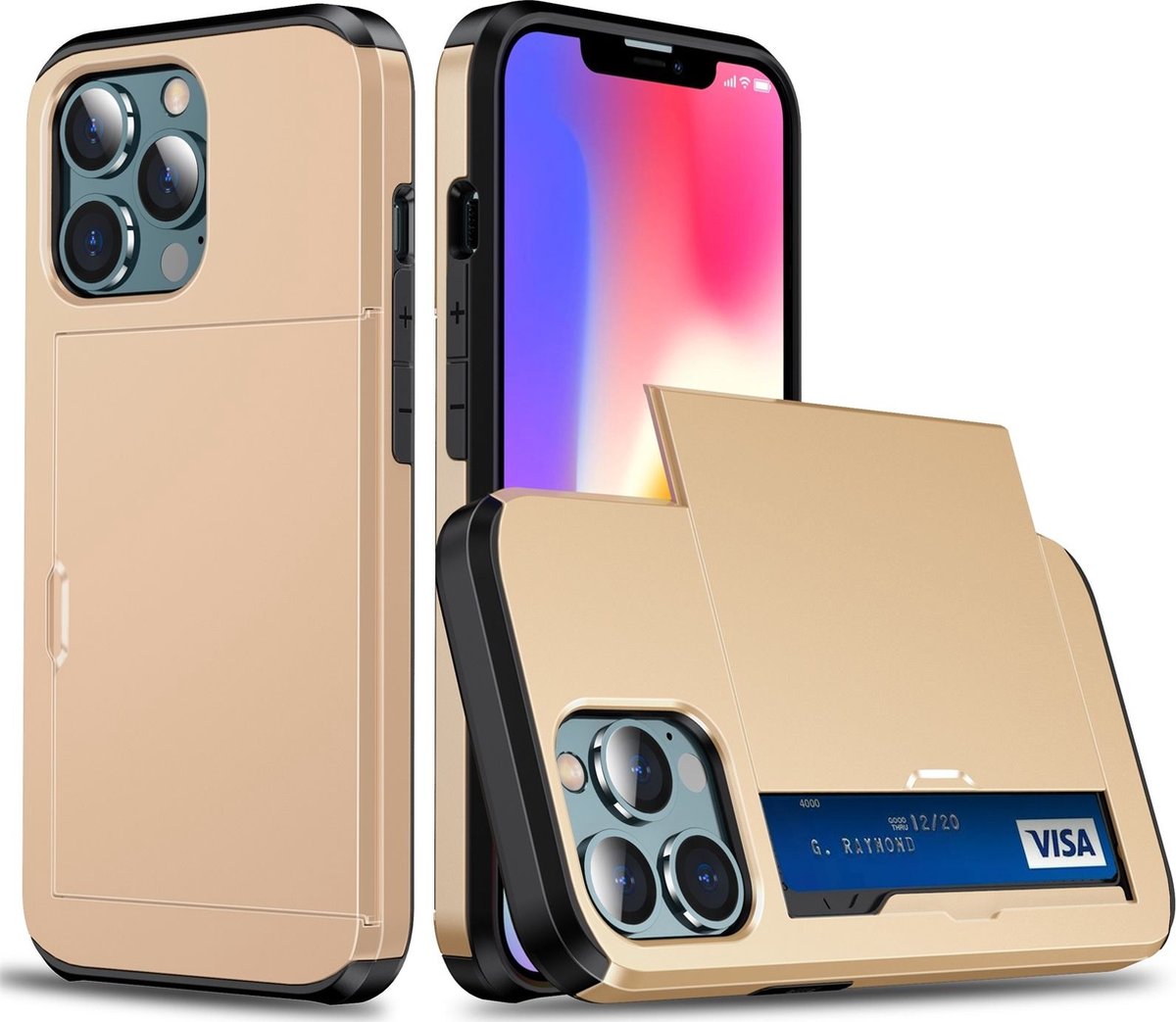 Mobigear Card Telefoonhoesje geschikt voor Apple iPhone 13 Pro Max Hoesje Hardcase Backcover Shockproof met Pasjeshouder - Goud