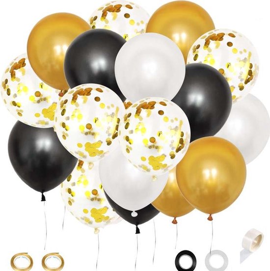 Joya® 40 stuks Goud, Zwart & Wit Helium Ballonnen met Lint | Versiering Decoratie | Papieren Confetti | Latex Ballonnen 40 stuks