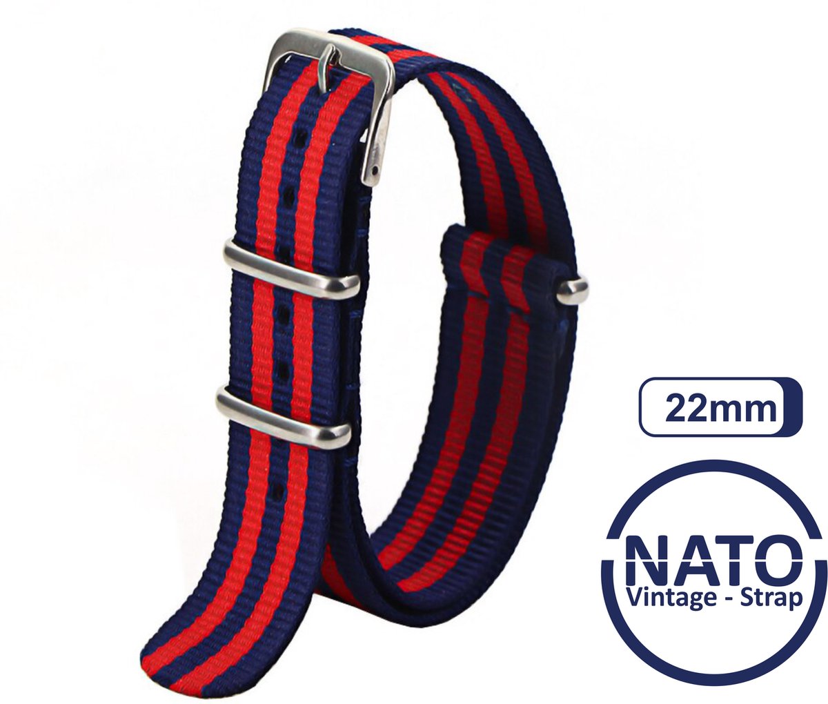 22mm Nato Strap Rood Blauw streep - Vintage James Bond - Nato Strap collectie - Mannen - Horlogebanden - Gestreept 22 mm bandbreedte voor oa. Seiko Rolex Omega Casio en Citizen