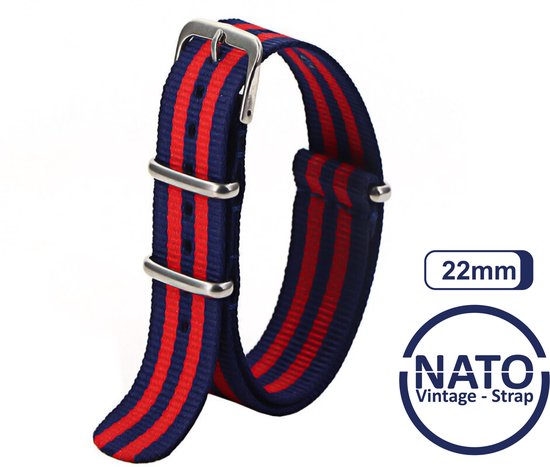Bracelet Nato 22 mm Bande Rouge Blauw - Vintage James Bond - Collection Bracelet Nato - Homme - Bracelets de montre - Rayé Largeur du bracelet 22 mm pour par ex. Seiko Rolex Omega Casio et Citizen