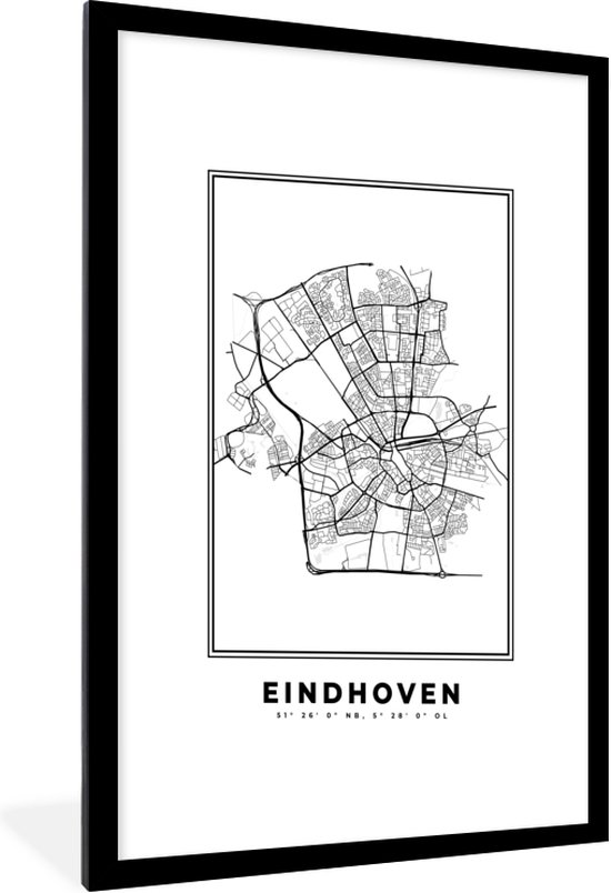 Cadre photo avec affiche Zwart Wit- Carte - Plan d'étage - Plan de la ville - Eindhoven - Pays- Nederland - Zwart Wit - 60x90 cm - Cadre pour affiche