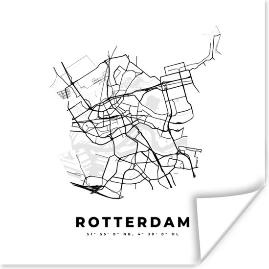 Poster Kaart – Plattegrond – Stadskaart – Rotterdam – Nederland – Zwart Wit - 100x100 cm XXL