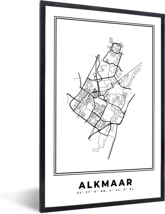 Fotolijst incl. Poster Zwart Wit- Stadskaart – Zwart Wit - Kaart – Alkmaar – Nederland – Plattegrond - 60x90 cm - Posterlijst