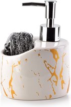 Affekdesign Cristie zeepdispenser / zeeppompje keramiek - marmer look - 9 x 11 x 15 cm - wit / goud - luxe en elegant design - handzeepdispenser - inclusief schuursponsje