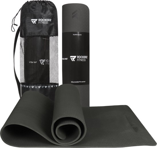 7. Yoga mat - Fitness mat zwart - Sport mat - Yogamat anti slip & eco - Extra Dik - Duurzaam TPE materiaal - Incl Draagtas van Rockerz Fitness®