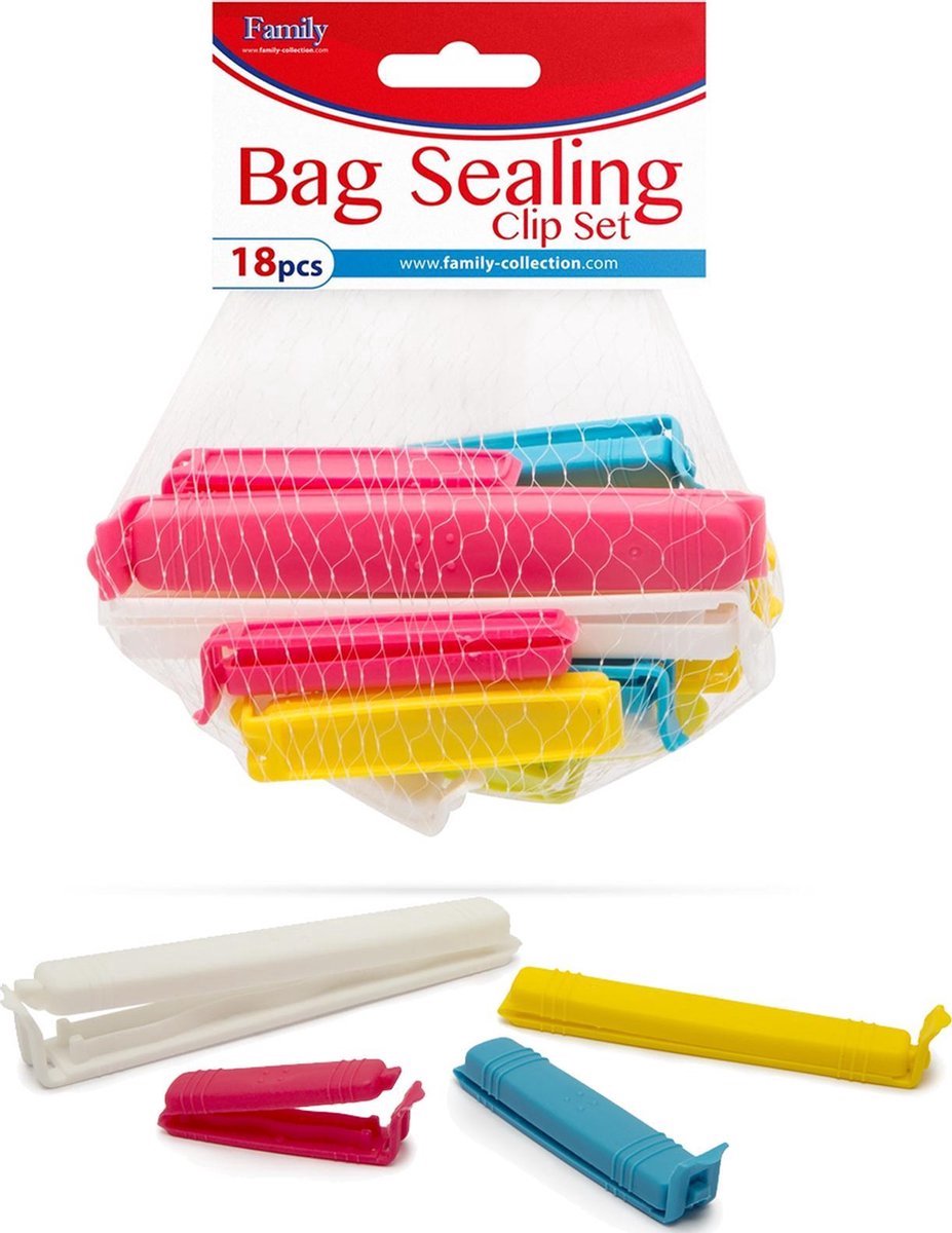 Family Pound - Zaksluiters / Vershoudclips - Sluitclips voor zakken - 3 kleuren - Set van 18 stuks - 3 verschillende groottes