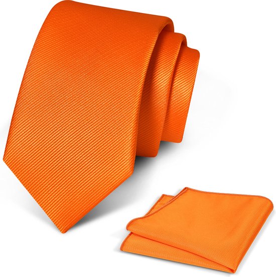 Premium Ties - Luxe Stropdas Heren + Pochet - Set - Polyester - Oranje - Incl. Luxe Gift Box!